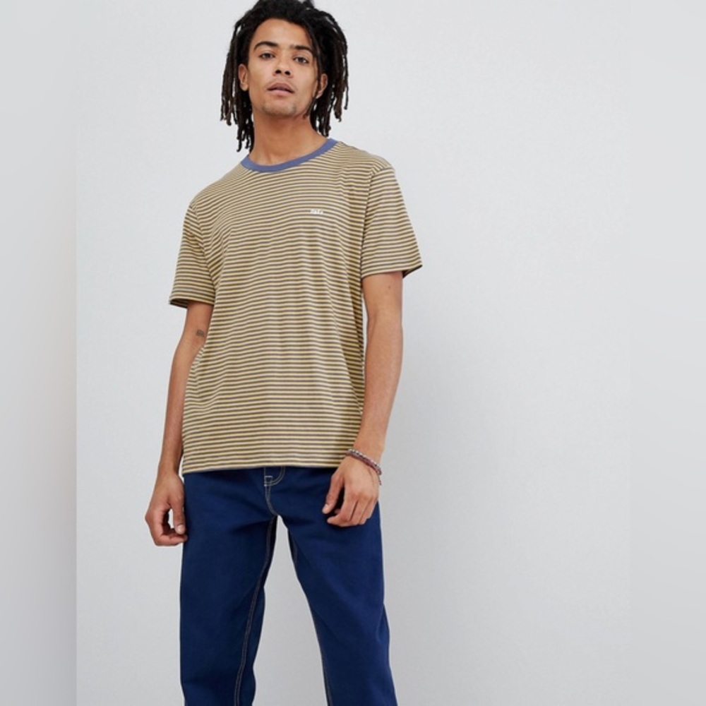Obey ASOS Apex Striped‎ Tee with Small Logo in Yellow